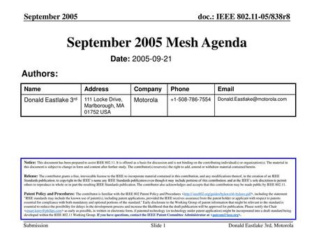 September 2005 Mesh Agenda Authors: September 2005 Date: