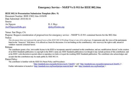 Emergency Service – NS/EP Vs E-911 for IEEE m