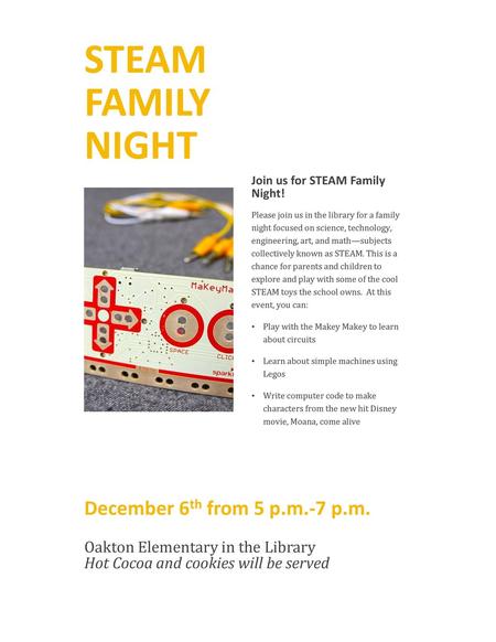 STEAM family Night December 6th from 5 p.m.-7 p.m.