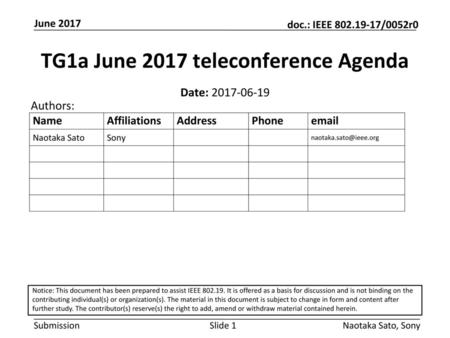 TG1a June 2017 teleconference Agenda
