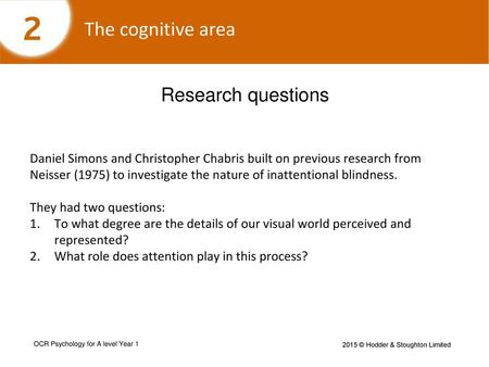 Research questions Daniel Simons and Christopher Chabris built on previous research from Neisser (1975) to investigate the nature of inattentional blindness.