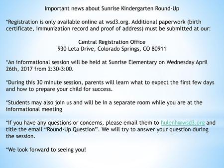 Important news about Sunrise Kindergarten Round-Up