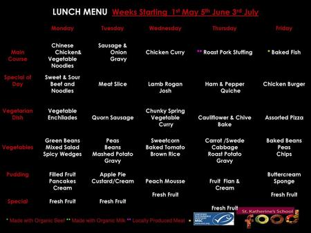 LUNCH MENU Weeks Starting 1st May 5th June 3rd July