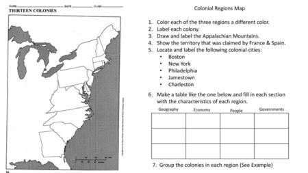 Color each of the three regions a different color. Label each colony.