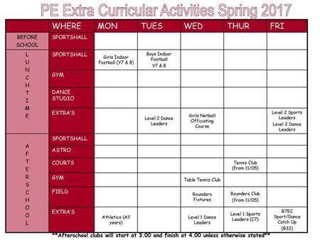 PE Extra Curricular Activities Spring 2017