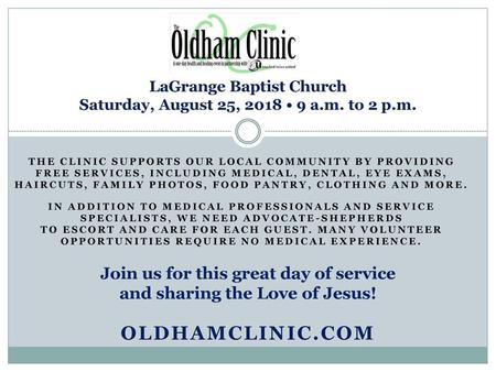 LaGrange Baptist Church Saturday, August 25, 2018 • 9 a.m. to 2 p.m.