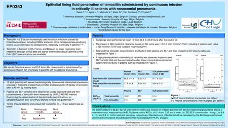 Epithelial lining fluid penetration of temocillin administered by continuous infusion in critically ill patients with nosocomial pneumonia. Visée C.1a,