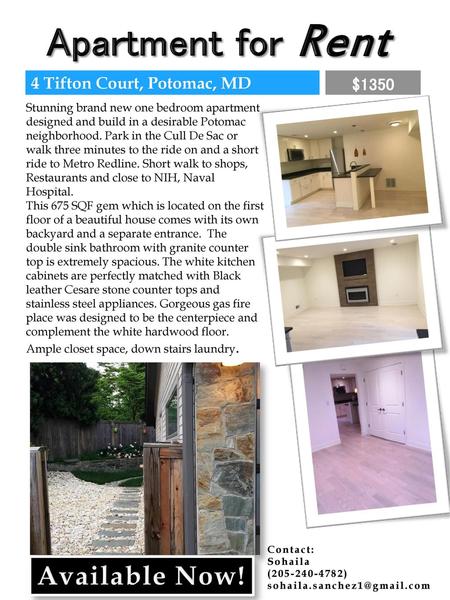 Apartment for Rent Available Now! 4 Tifton Court, Potomac, MD $1350