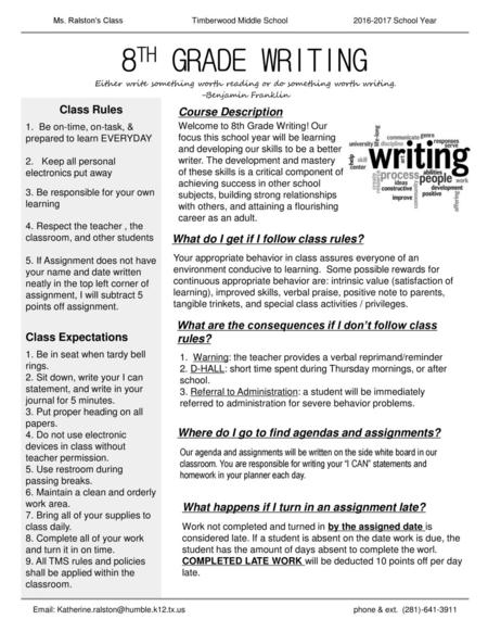 8th Grade Writing Class Rules Course Description Class Expectations