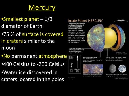 Mercury Smallest planet – 1/3 diameter of Earth