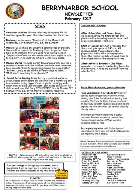 BERRYNARBOR SCHOOL NEWSLETTER February 2017 NEWS IMPORTANT POINTS