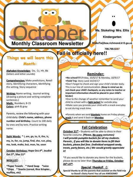 Ms. Stokeling/ Mrs. Ellis Monthly Classroom Newsletter