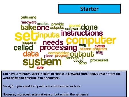 Starter You have 2 minutes, work in pairs to choose a keyword from todays lesson from the word bank and describe it in a sentence. For A/B – you need.