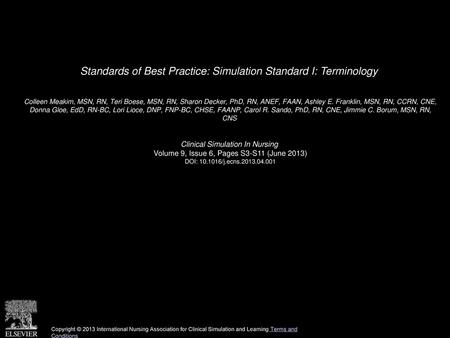Standards of Best Practice: Simulation Standard I: Terminology