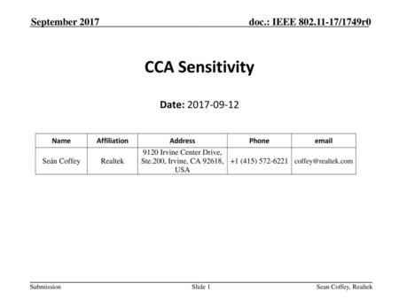 CCA Sensitivity Date: September 2017