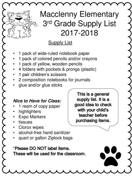 Macclenny Elementary 3rd Grade Supply List Supply List