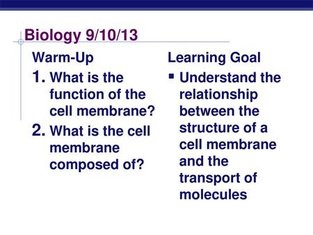 Biology 9/10/13 Warm-Up What is the function of the cell membrane?