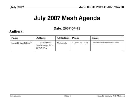 July 2007 Mesh Agenda Authors: July 2007 Date: July 2007