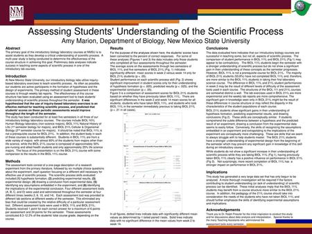 Assessing Students' Understanding of the Scientific Process Amy Marion, Department of Biology, New Mexico State University Abstract The primary goal of.