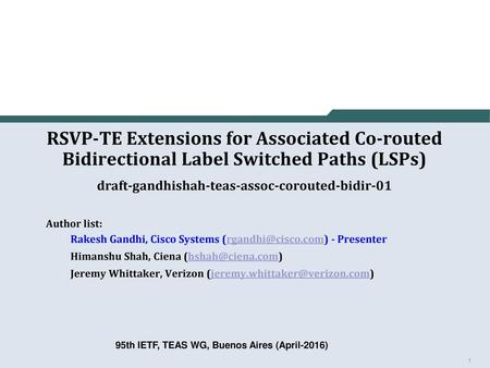 RSVP-TE Extensions for Associated Co-routed Bidirectional Label Switched Paths (LSPs) draft-gandhishah-teas-assoc-corouted-bidir-01 Author list: Rakesh.