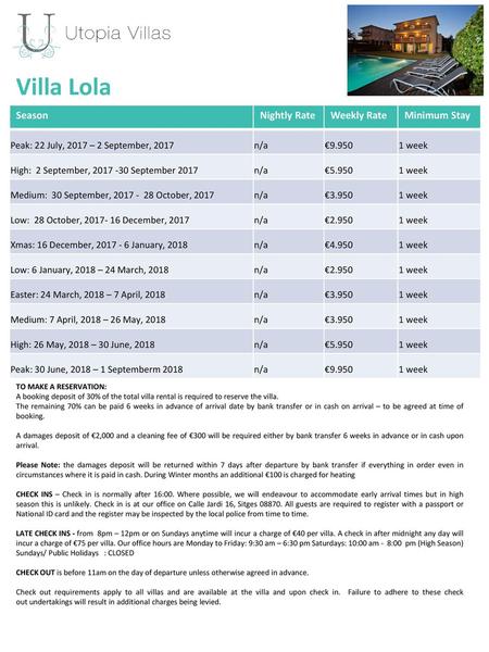 Villa Lola Season Nightly Rate Weekly Rate Minimum Stay
