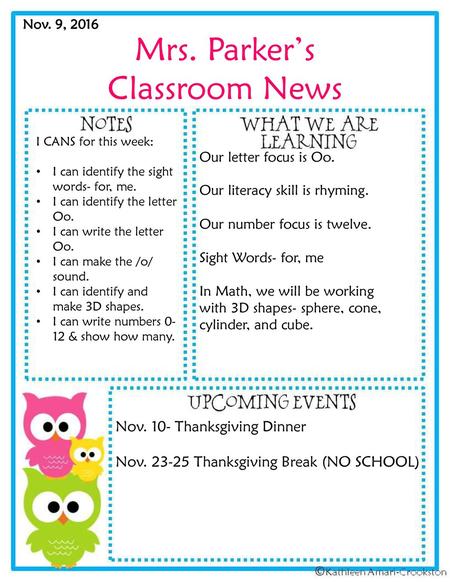Mrs. Parker’s Classroom News Nov. 10- Thanksgiving Dinner