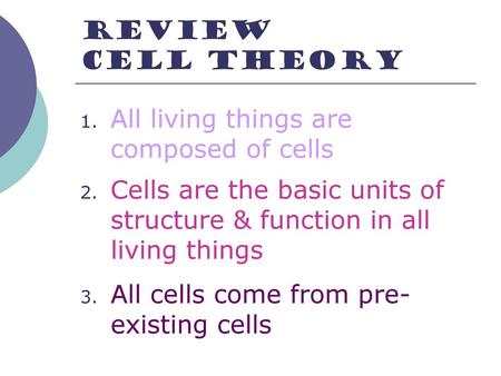 Review Cell theory All living things are composed of cells