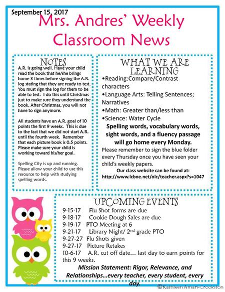 Mrs. Andres’ Weekly Classroom News September 15, 2017