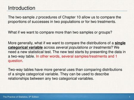 Introduction The two-sample z procedures of Chapter 10 allow us to compare the proportions of successes in two populations or for two treatments. What.