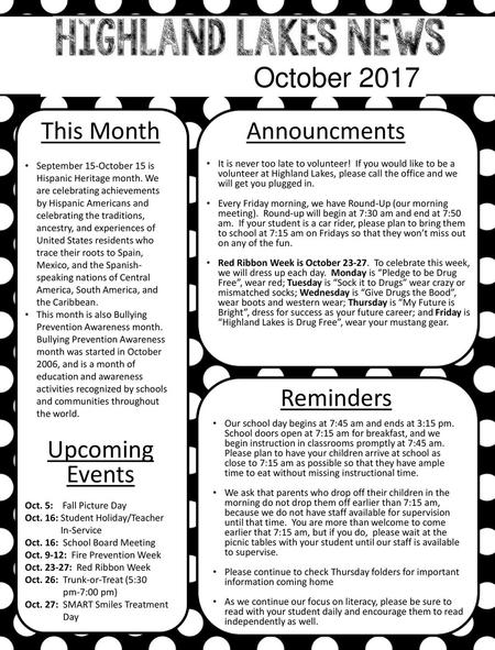 October 2017 This Month Announcments Reminders Upcoming Events