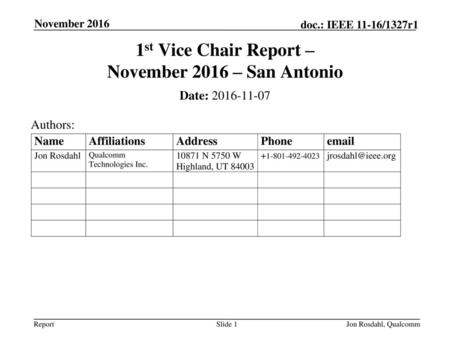 1st Vice Chair Report – November 2016 – San Antonio