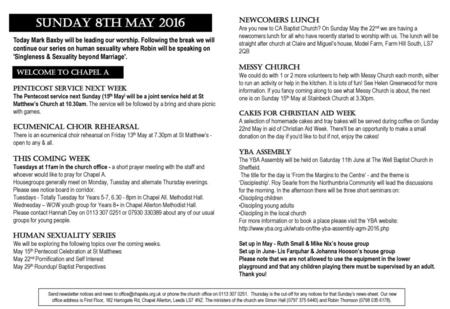 SUNDAY 8th May 2016 Newcomers Lunch