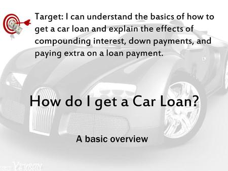 Target: I can understand the basics of how to get a car loan and explain the effects of compounding interest, down payments, and paying extra on a loan.