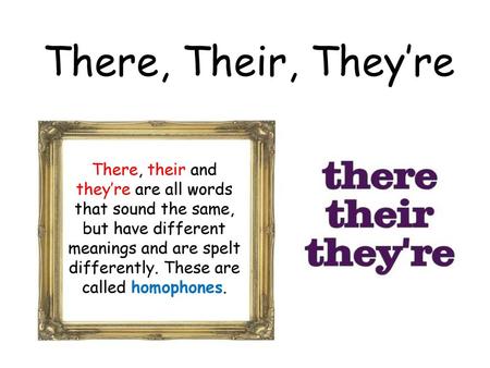 There, Their, They’re There, their and they’re are all words that sound the same, but have different meanings and are spelt differently. These are called.