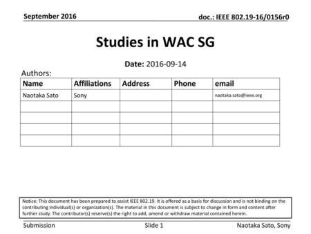 Studies in WAC SG Date: Authors: September 2016