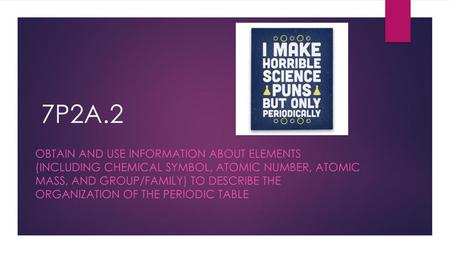 7P2A.2 Obtain and use information about elements (including chemical symbol, atomic number, atomic mass, and group/family) to describe the organization.