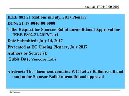 Month Year IEEE Motions in July, 2017 Plenary