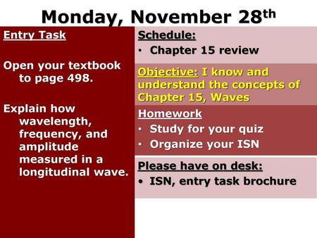 Monday, November 28th Entry Task Open your textbook to page 498. Explain how wavelength, frequency, and amplitude measured in a longitudinal wave. Schedule: