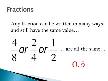 Fractions Any fraction can be written in many ways and still have the same value… …are all the same… 0.5.