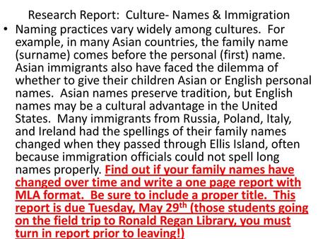 Research Report: Culture- Names & Immigration