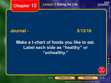 Chapter 12 Lesson 3 Eating for Life Journal /13/16