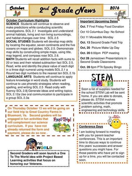 2nd Grade News October 2016 October Curriculum Highlights