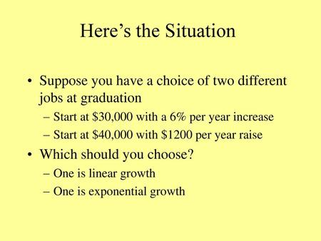 Here’s the Situation Suppose you have a choice of two different jobs at graduation Start at $30,000 with a 6% per year increase Start at $40,000 with $1200.