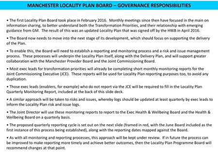 MANCHESTER LOCALITY PLAN BOARD – GOVERNANCE RESPONSIBILITIES
