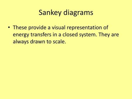 Sankey diagrams These provide a visual representation of energy transfers in a closed system. They are always drawn to scale.