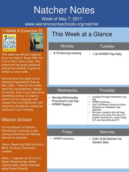 Natcher Notes This Week at a Glance Week of May 7, 2017