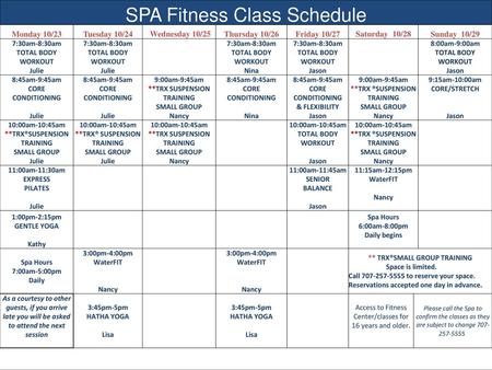 SPA Fitness Class Schedule