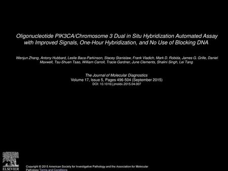 Oligonucleotide PIK3CA/Chromosome 3 Dual in Situ Hybridization Automated Assay with Improved Signals, One-Hour Hybridization, and No Use of Blocking DNA 