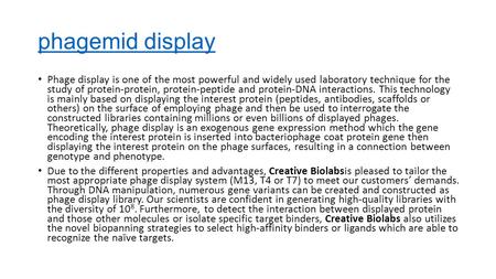 Phagemid display Phage display is one of the most powerful and widely used laboratory technique for the study of protein-protein, protein-peptide and protein-DNA.
