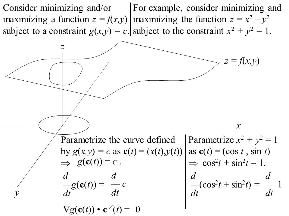 Consider Minimizing And Or Maximizing A Function Z F X Y Subject To A Constraint G X Y C Y Z X Z F X Y Parametrize The Curve Defined By G X Y Ppt Download